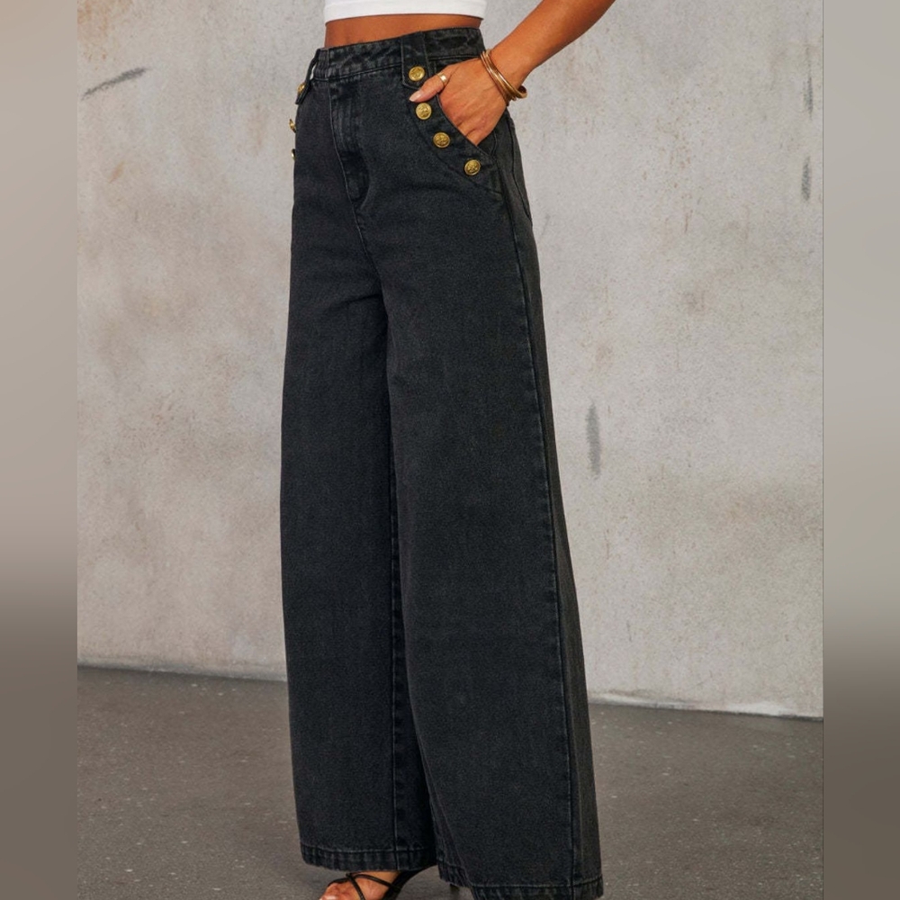 Classic Button Accent High Waist Wide Leg Jeans - Picture 12 of 13
